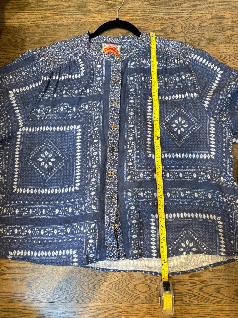 Johnny Was "Patched Ikat" linen blouse features a denim blue patchwork print,S. - Picture 9 of 9